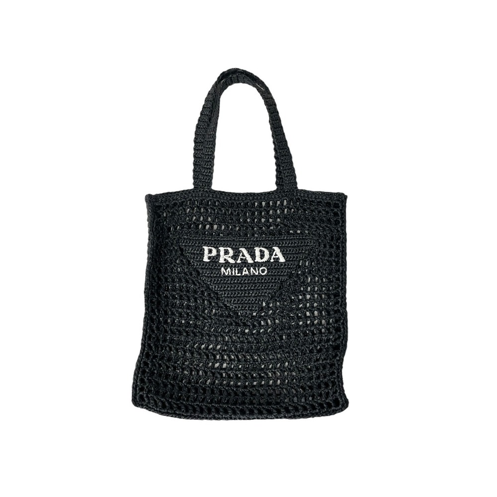 PRADA raffia tote bag basket straw wicker black white